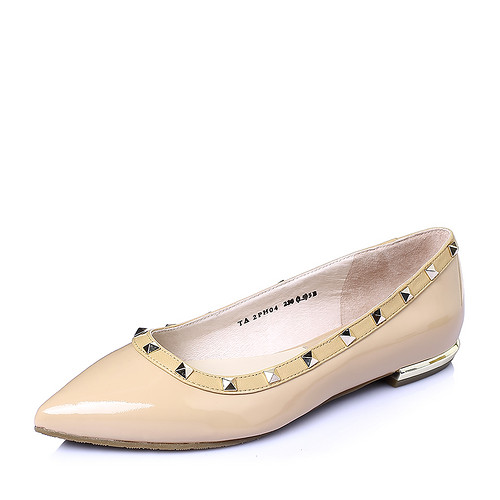 Tata/他她2016春季女鞋漆牛皮革时尚铆钉方跟低跟浅口女单鞋（34,粉色）