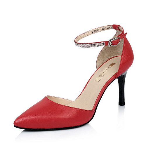 Belle/百丽油蜡羊皮春季中空女单鞋（34,红色）